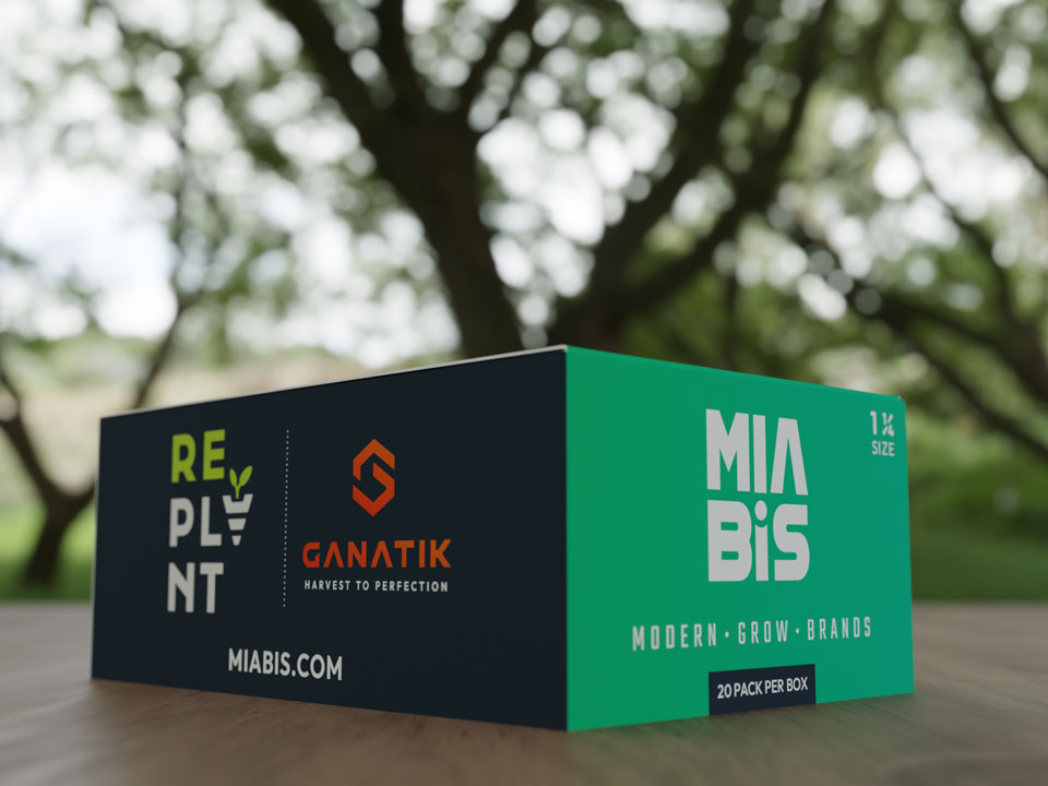 MIABIS packaging box featuring Re-Plant and Ganatik brands