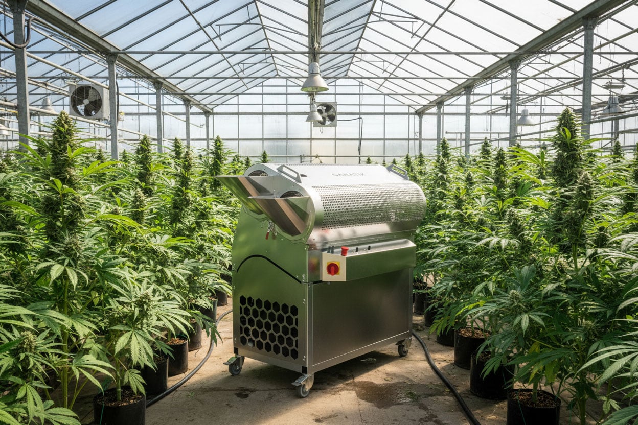 Ganatik dual tumbler trimming machine in greenhouse setup