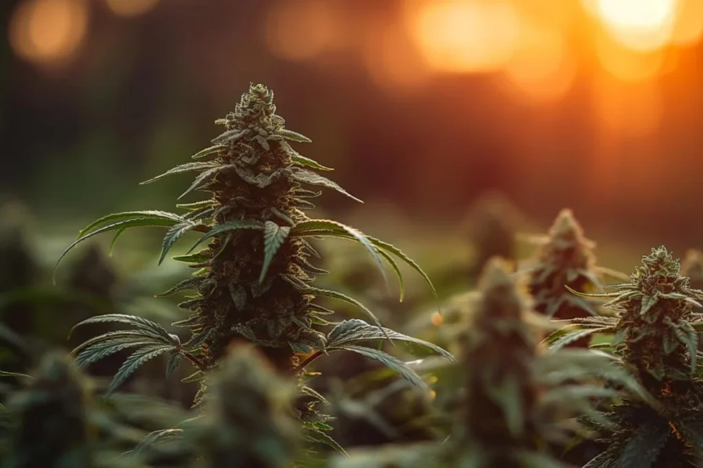 Cannabis plants with buds at sunset
