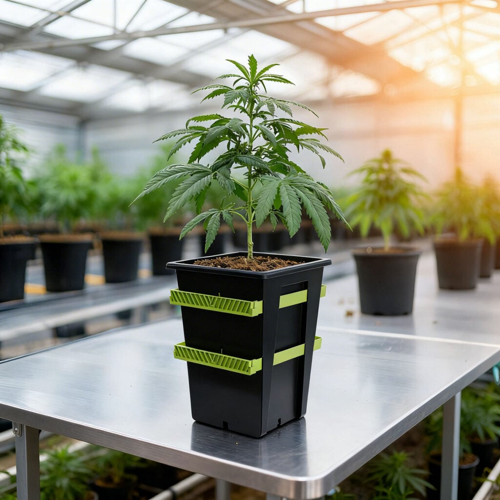 Cannabis plant growing in Re-Plant container in a greenhouse environment