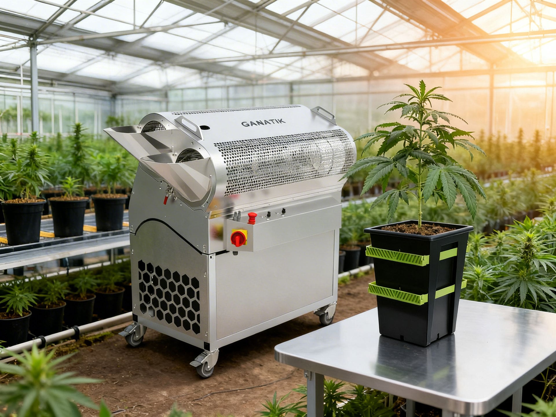 Ganatik trimming machine and Re-Plant cultivation container in a professional greenhouse environment
