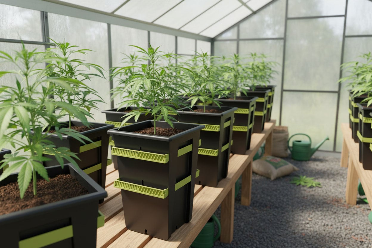 Cannabis plants growing in Re-Plant pots inside greenhouse setup