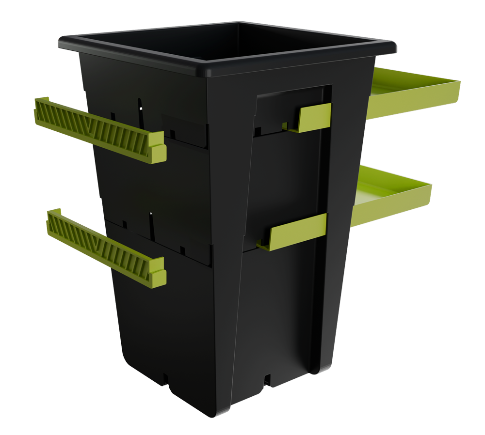 Re-Plant cultivation container with two pull-out trays for progressive root expansion